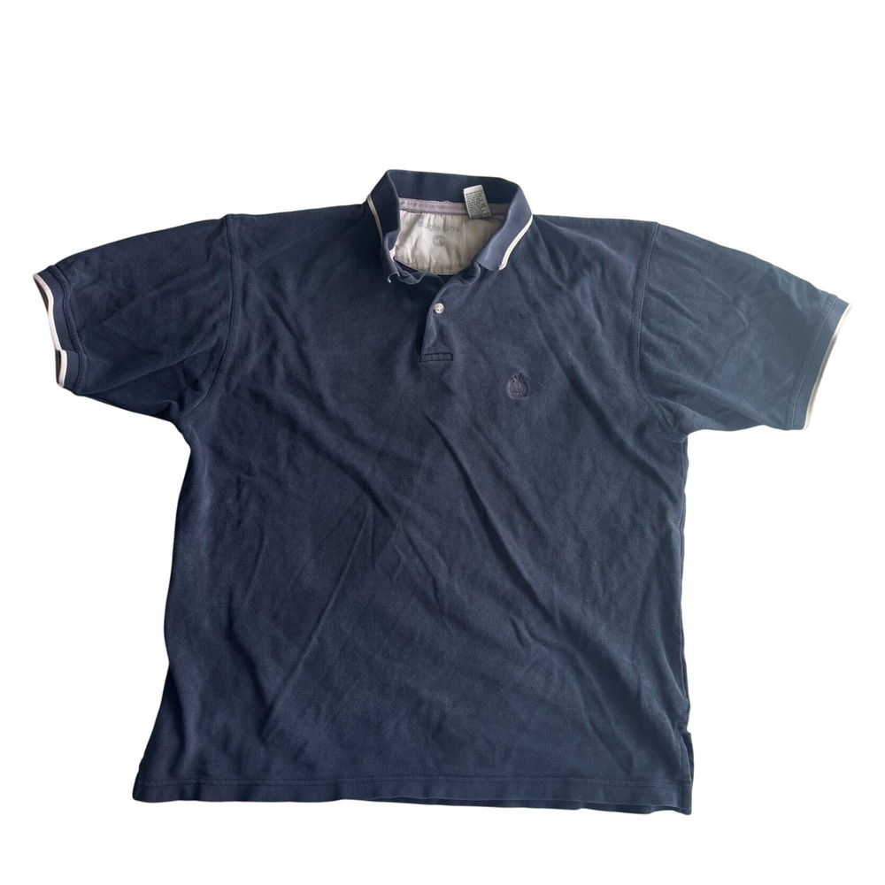 Vintage 90s Bugle Boy Navy Blue Black Pique Polo Shirt Medium Y2K Crest Logo